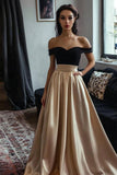 Off The Shoulder A Line Gold Long Prom Dress