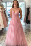Pink A Line Tulle Spaghetti Straps Long Prom Dress
