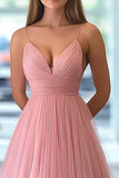 Pink A Line Tulle Spaghetti Straps Long Prom Dress
