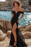 Off The Shoulder Mermaid Black Prom Dress With Slit