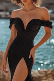 Off The Shoulder Mermaid Black Prom Dress With Slit
