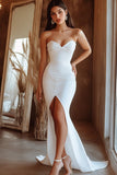 Mermaid Strapless White Prom Dress With Slit