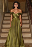 Off The Shoulder A Line Olive Pleated Prom Dress