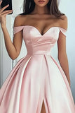 Pink Off The Shoulder A Line Prom Dress With Slit