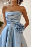 Strrapless A Line Blue Prom Dress With 3D Flowers