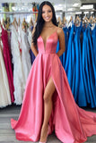 A Line Watermelon Satin Prom Dress With Slit