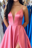 A Line Watermelon Satin Prom Dress With Slit