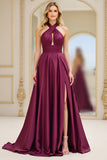 Halter Burgundy A Line Prom Dress With Slit
