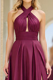 Halter Burgundy A Line Prom Dress With Slit