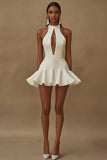 White A Line Satin Cut Out Ruffled Graduation Dress