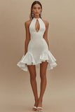 Stylish Cut Out A Line Ruffled White Mini Dress