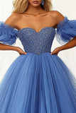 Blue Off The Shoulder Tulle A Line Prom Dress