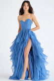 Blue Strapless A Line Tiered Ruffled Prom Dress With Slit
