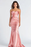 Strapless Pink Mermaid Satin Ruched Prom Dress