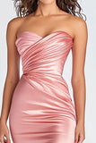 Strapless Pink Mermaid Satin Ruched Prom Dress