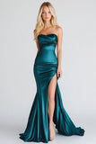 Mermaid Strapless Blue Satin Prom Dress With Slit