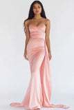 Strapless Mermaid Pink Satin Prom Dress