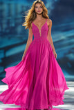 Hot Pink A Line Beaded Chiffon Prom Dress
