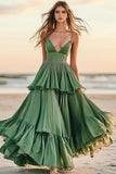 Green A Line Ruched Prom Dress With Ruffles