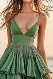 Green A Line Ruched Prom Dress With Ruffles