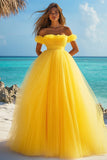 Off The Shoulder Yellow A Line Tulle Prom Dress