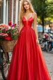 Red A Line Spaghetti Straps Long Prom Dress