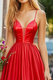 Red A Line Spaghetti Straps Long Prom Dress