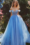 Off The Shoulder Blue A Line Prom Dress With Appliques