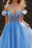 Off The Shoulder Blue A Line Prom Dress With Appliques
