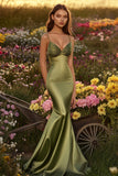 Mermaid Olive Satin Ruched Prom Dress