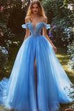 Blue Off The Shoulder A Line Appliqued Prom Dress