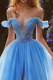 Blue Off The Shoulder A Line Appliqued Prom Dress