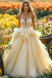 Strapless Daffodil A Line Lace Appliqued Prom Dress