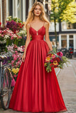 Red A Line Satin Long Prom Dress With Keyhole