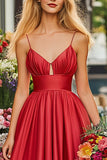 Red A Line Satin Long Prom Dress With Keyhole