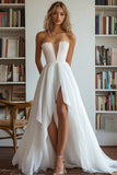 White Asymmetrical A Line Sequins Long Wedding Dress With Slit