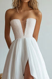 White Asymmetrical A Line Sequins Long Wedding Dress With Slit