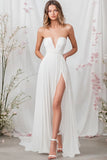 White Chiffon Strapless A Line Long Engagement Dress With Slit