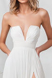 White Chiffon Strapless A Line Long Engagement Dress With Slit