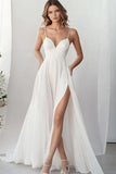 Stylish White A Line Spaghetti Straps Wedding Dress with Slit