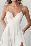 Stylish White A Line Spaghetti Straps Wedding Dress with Slit