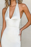 White Sheath Halter Satin V Neck Maxi Wedding Dress
