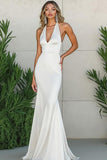 White Sheath Halter Satin V Neck Maxi Wedding Dress