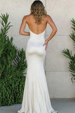 White Sheath Halter Satin V Neck Maxi Wedding Dress