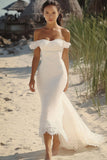 White Off The Shoulder Mermaid Satin Long Wedding Dress