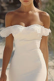 White Off The Shoulder Mermaid Satin Long Wedding Dress