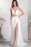 White A Line Two Piece Cut Out Wedding Dress with Slit