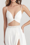 White A Line Two Piece Cut Out Wedding Dress with Slit