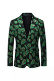 Dark Green Leaf Printed Notched Lapel Men's Blazer