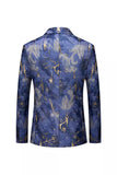 Blue Printed One Button Notched Lapel Fitted Men's Blazer